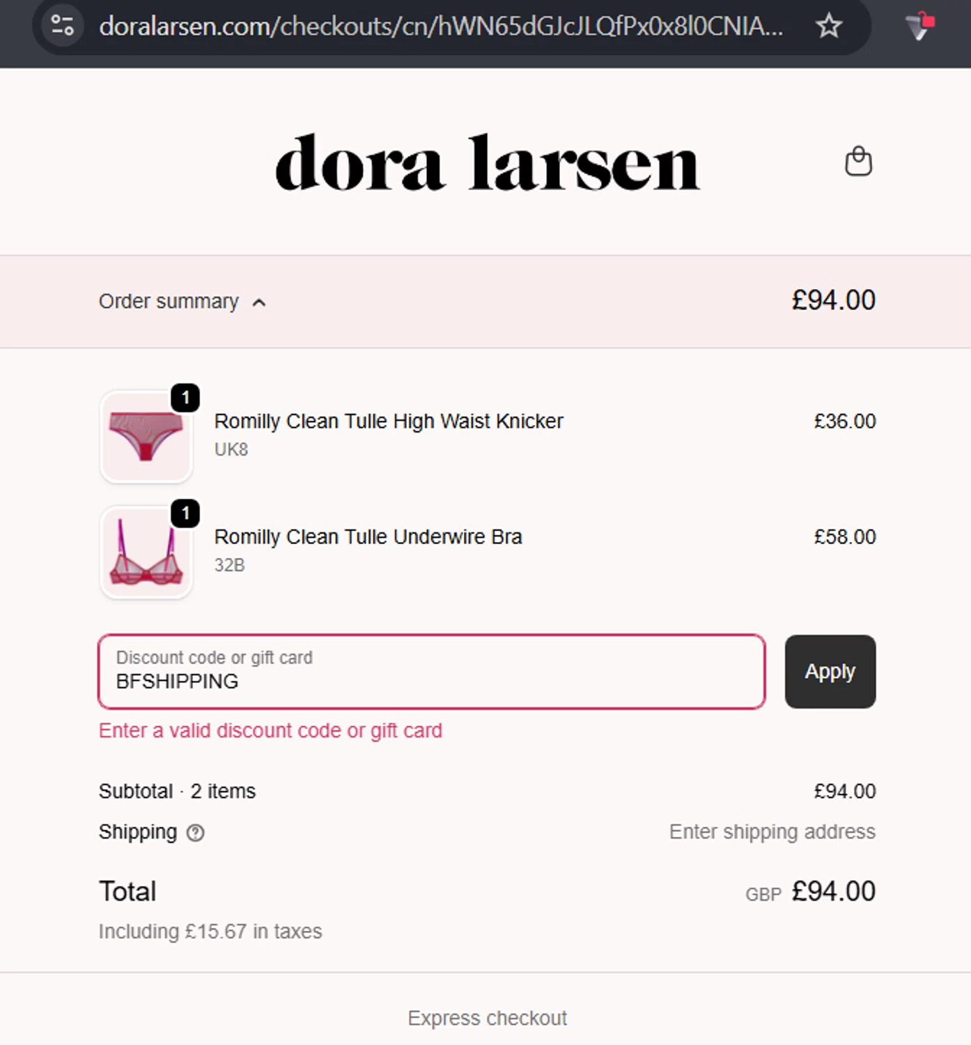 Dora Larsen discount code screenshot showing code BFSHIPPING applied at Dora Larsen checkout page. Uploaded by SimplyCodes community member RafaLB on Dec 5, 2025