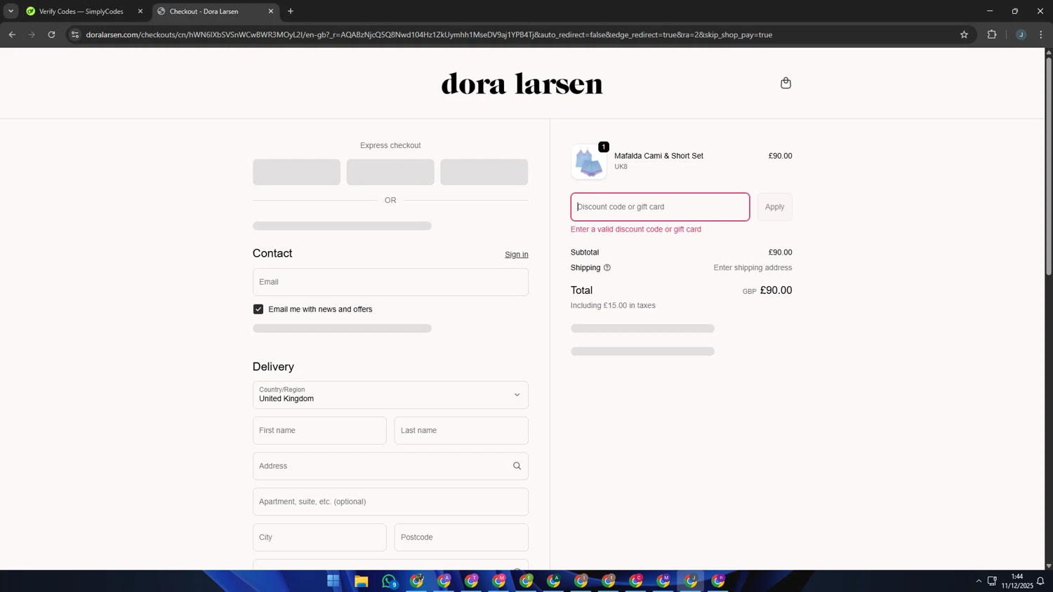 Dora Larsen discount code screenshot showing code treat30 applied at Dora Larsen checkout page. Uploaded by SimplyCodes community member AVATIGRITO on Dec 11, 2025