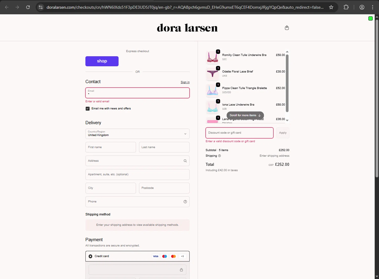Dora Larsen discount code screenshot showing code treat30 applied at Dora Larsen checkout page. Uploaded by SimplyCodes community member fiadaz on Dec 11, 2025