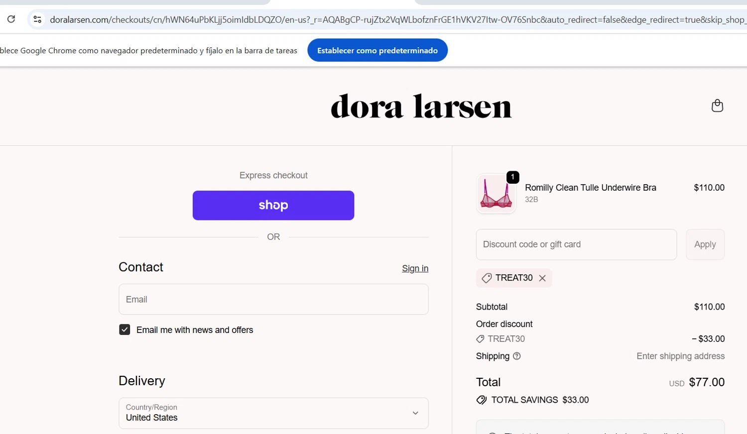 Dora Larsen discount code screenshot showing code treat30 applied at Dora Larsen checkout page. Uploaded by SimplyCodes community member vida5254427716958 on Dec 5, 2025
