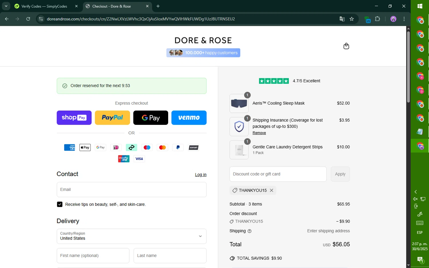 Dore & Rose discount code screenshot showing code thankyou15 applied at Dore & Rose checkout page. Uploaded by SimplyCodes community member ositouno on Jun 30, 2025