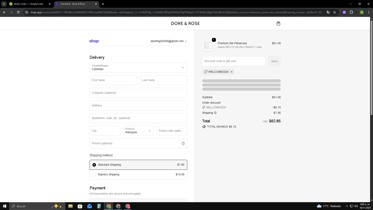 Dore & Rose discount code screenshot showing code WELCOME2024 applied at Dore & Rose checkout page. Uploaded by SimplyCodes community member SAIKOO on Nov 16, 2025