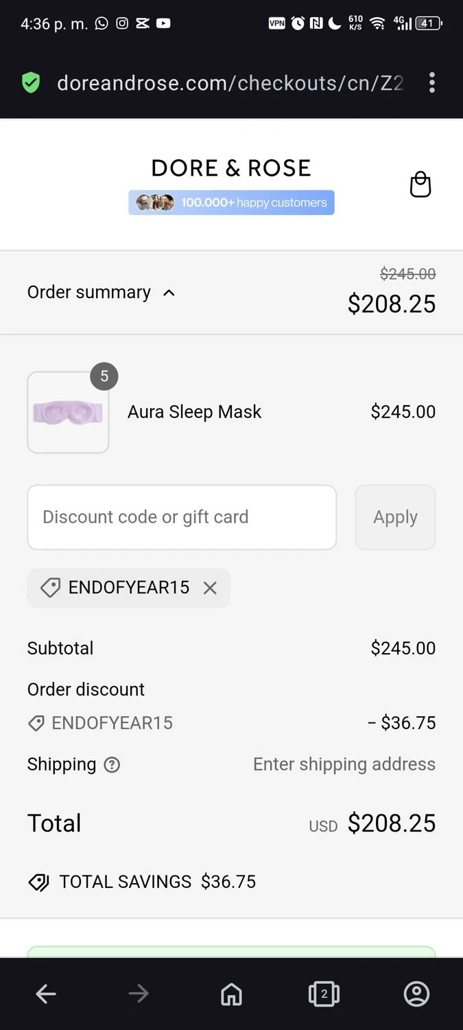 Dore & Rose discount code screenshot showing code endofyear15 applied at Dore & Rose checkout page. Uploaded by SimplyCodes community member Xemocodes on Mar 7, 2025