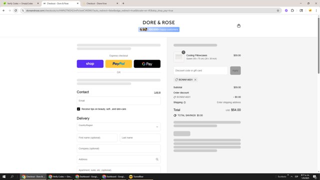 Dore & Rose checkout page showing Dore & Rose discount code box | Screenshot taken by SimplyCodes community member on Sep 1, 2025