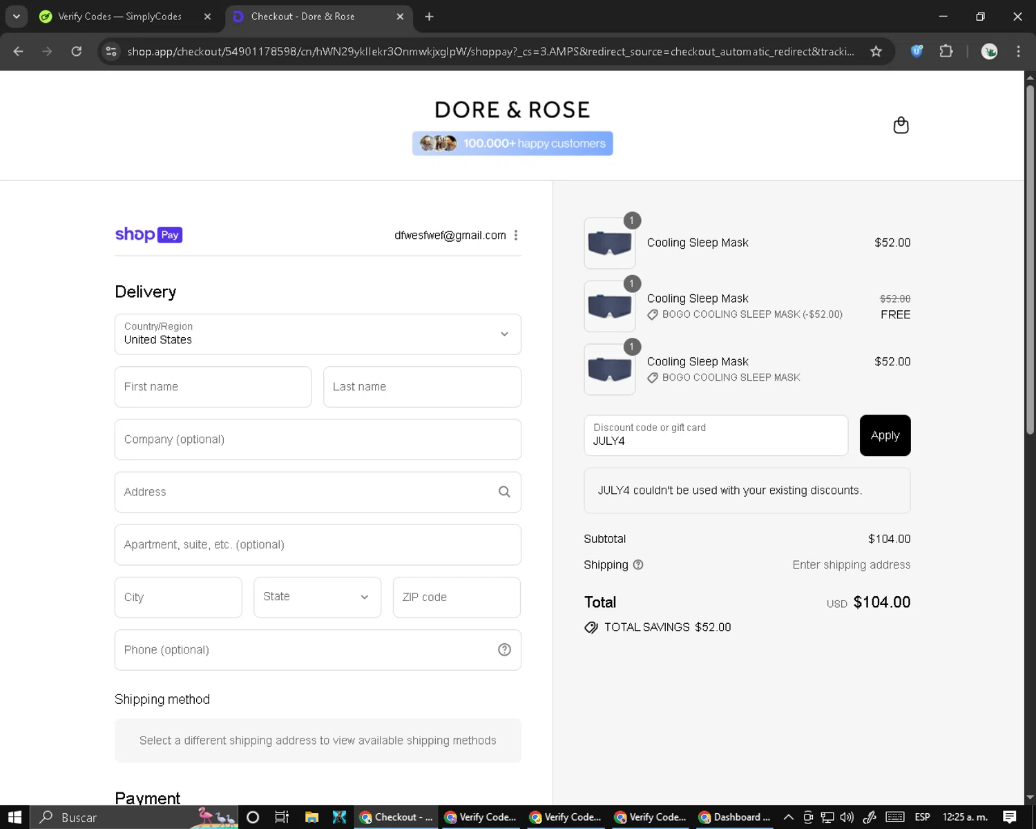 Dore & Rose discount code screenshot showing code JULY4 applied at Dore & Rose checkout page. Uploaded by SimplyCodes community member RebateCaptain6440 on Aug 24, 2025
