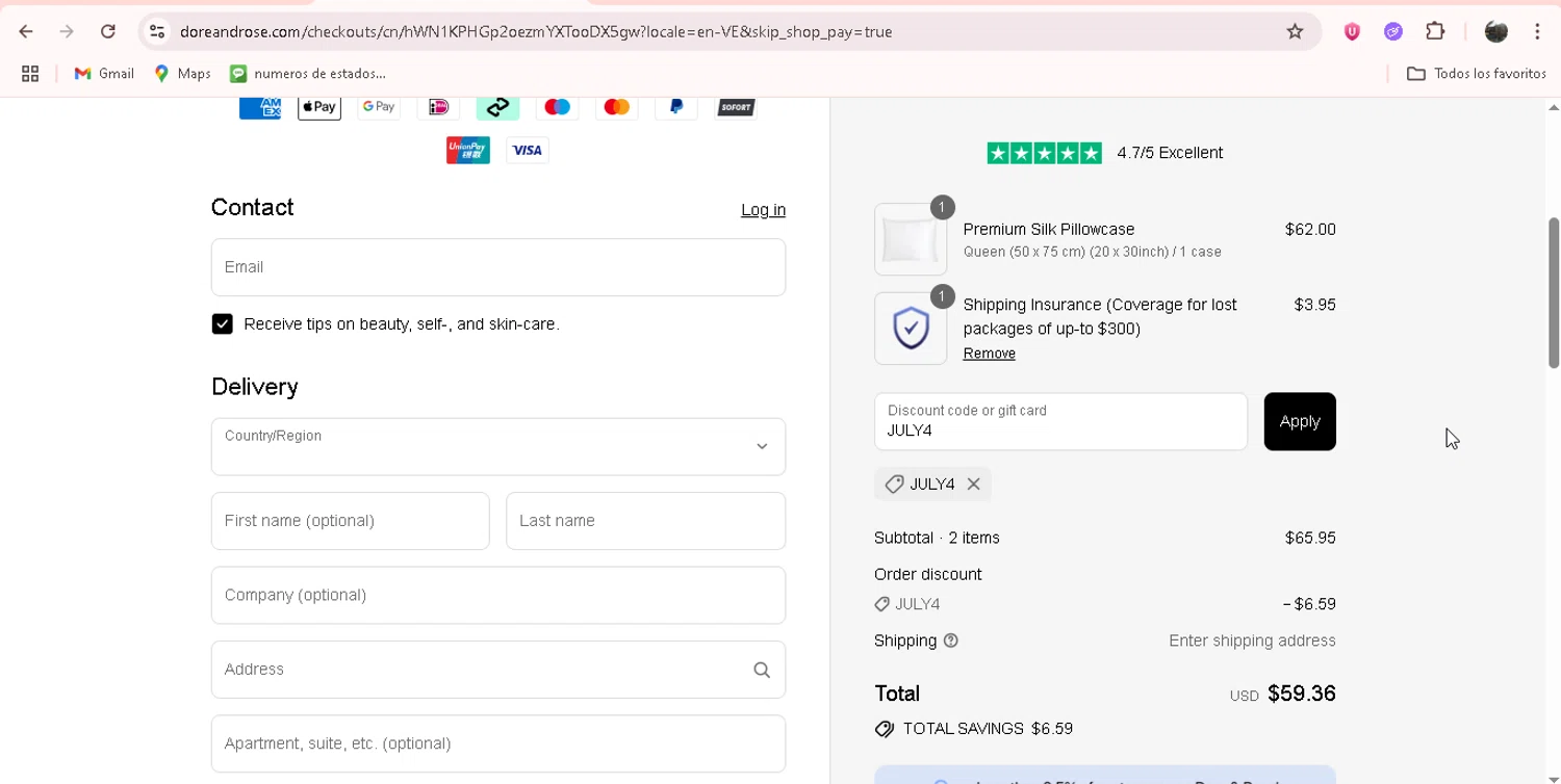 Dore & Rose discount code screenshot showing code JULY4 applied at Dore & Rose checkout page. Uploaded by SimplyCodes community member adrianvasquez1 on Aug 2, 2025