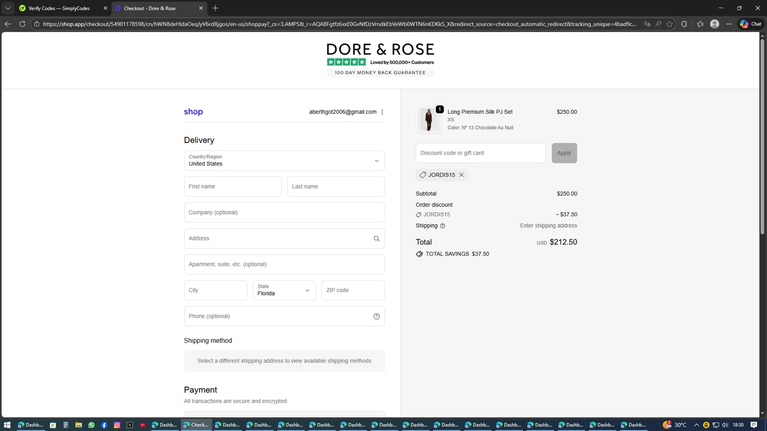 Dore & Rose discount code screenshot showing code JORDIS15 applied at Dore & Rose checkout page. Uploaded by SimplyCodes community member SAKURA on Feb 10, 2026