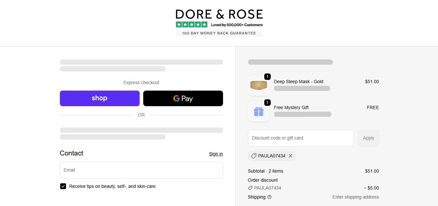Dore & Rose discount code screenshot showing code PAULA07434 applied at Dore & Rose checkout page. Uploaded by SimplyCodes community member xHRxUltrax on Dec 12, 2025