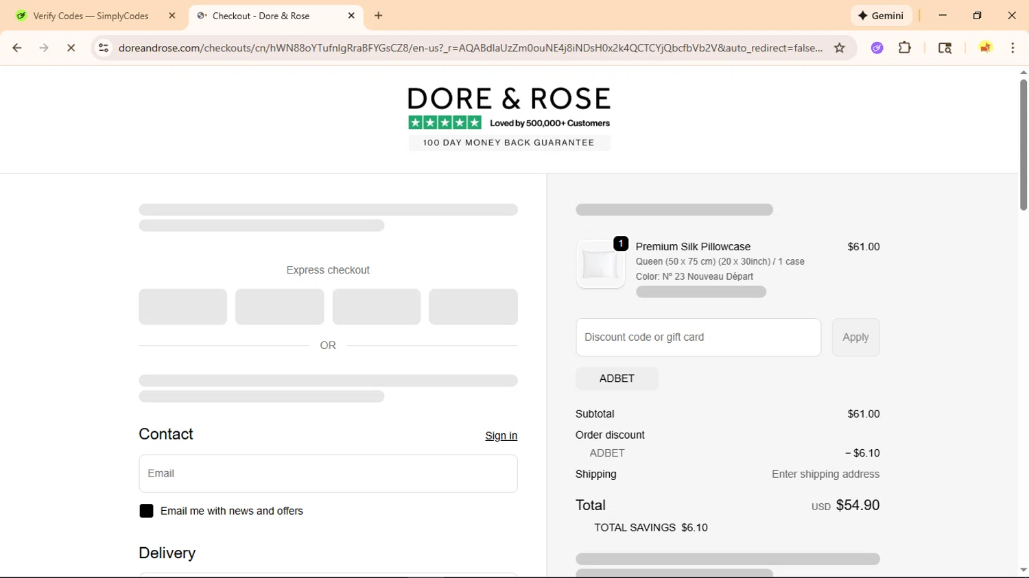 Dore & Rose checkout page showing Dore & Rose discount code box | Screenshot taken by SimplyCodes community member on Jan 28, 2026