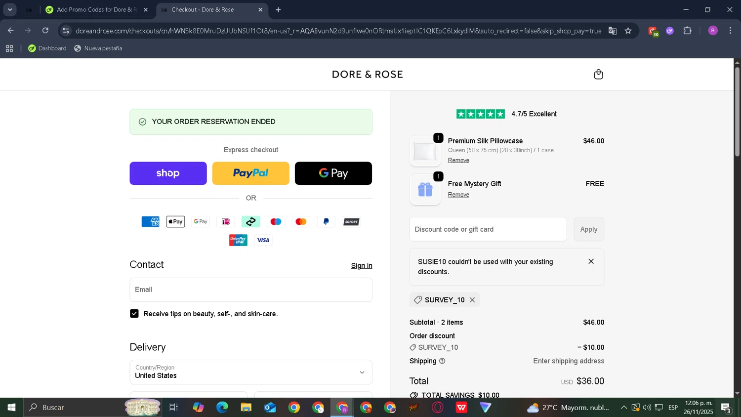Dore & Rose discount code screenshot showing code SUSIE10 applied at Dore & Rose checkout page. Uploaded by SimplyCodes community member Datacodes on Nov 26, 2025