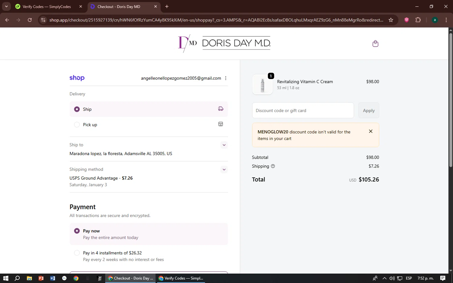 Doris Day MD promo code screenshot showing code MENOGLOW20 applied at Doris Day MD checkout page. Uploaded by SimplyCodes community member zizu55 on Dec 20, 2025