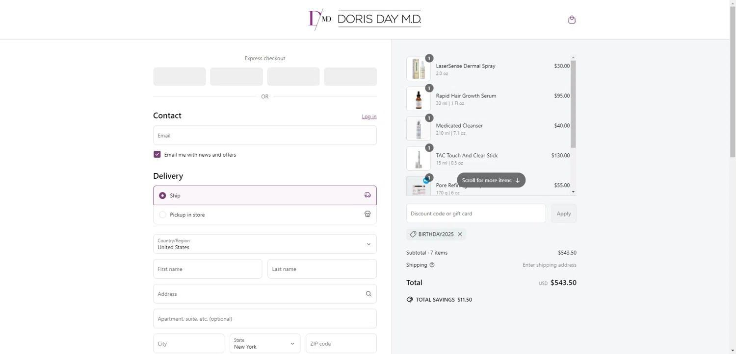 Doris Day MD promo code screenshot showing code BIRTHDAY2025 applied at Doris Day MD checkout page. Uploaded by SimplyCodes community member EpicEagle816 on Jun 5, 2025
