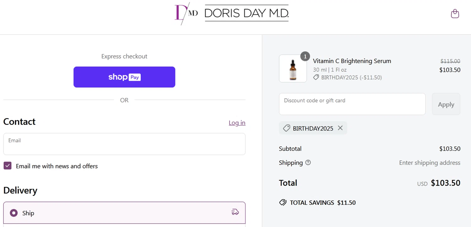 Doris Day MD promo code screenshot showing code BIRTHDAY2025 applied at Doris Day MD checkout page. Uploaded by SimplyCodes community member alexjohnson on Jun 5, 2025