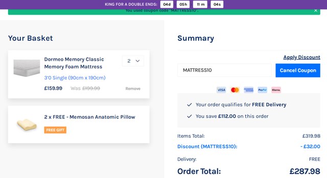 Dormeo checkout page showing Dormeo promo code box | Screenshot taken by SimplyCodes community member on Jun 12, 2025