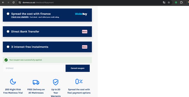 Dormeo checkout page showing Dormeo promo code box | Screenshot taken by SimplyCodes community member on Jun 12, 2025