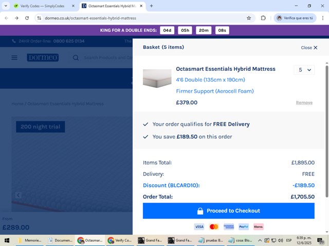Dormeo checkout page showing Dormeo promo code box | Screenshot taken by SimplyCodes community member on Jun 12, 2025