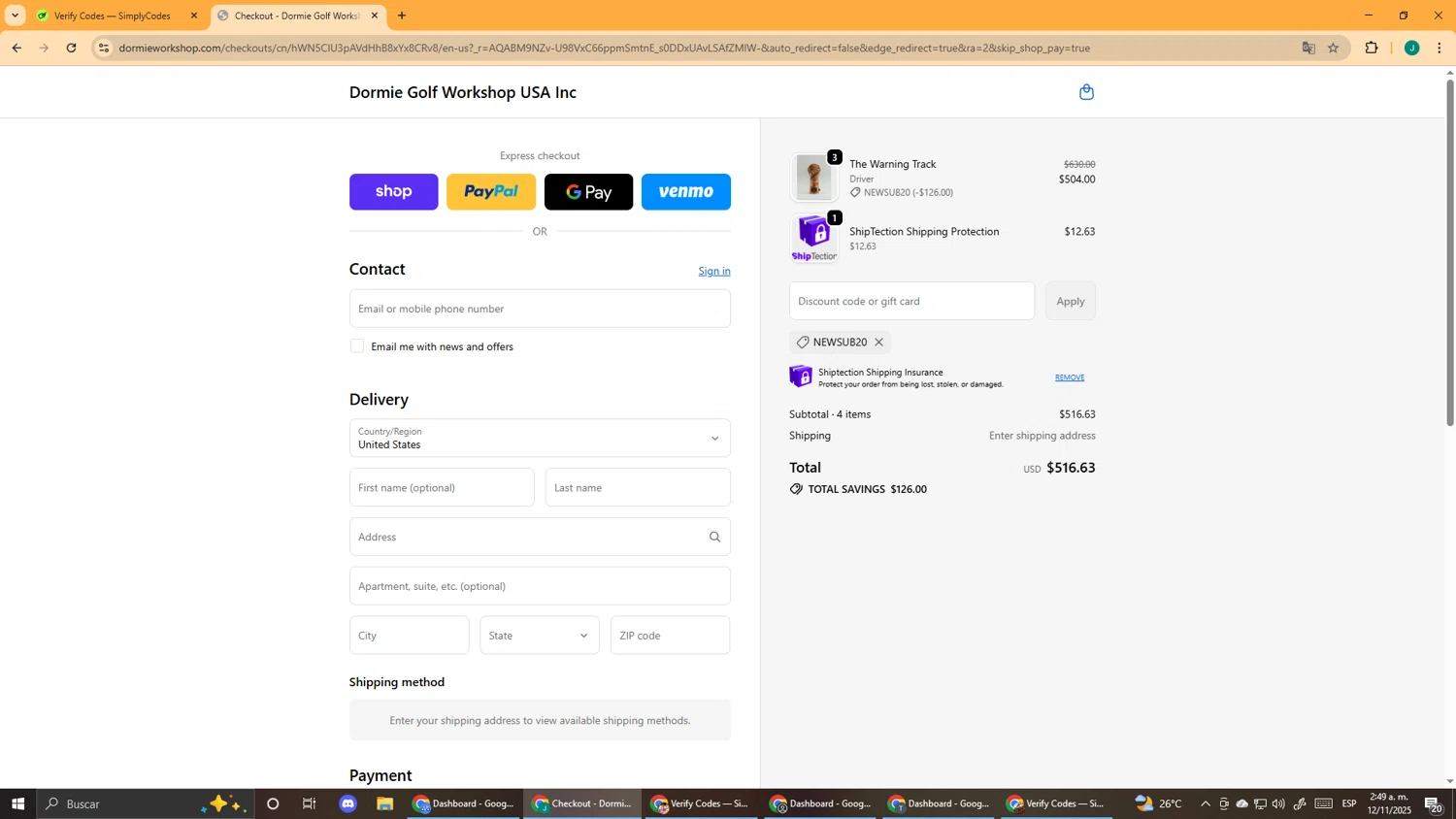 Dormie Golf Workshop promo code screenshot showing code NewSub20 applied at Dormie Golf Workshop checkout page. Uploaded by SimplyCodes community member DealScout5970 on Nov 12, 2025