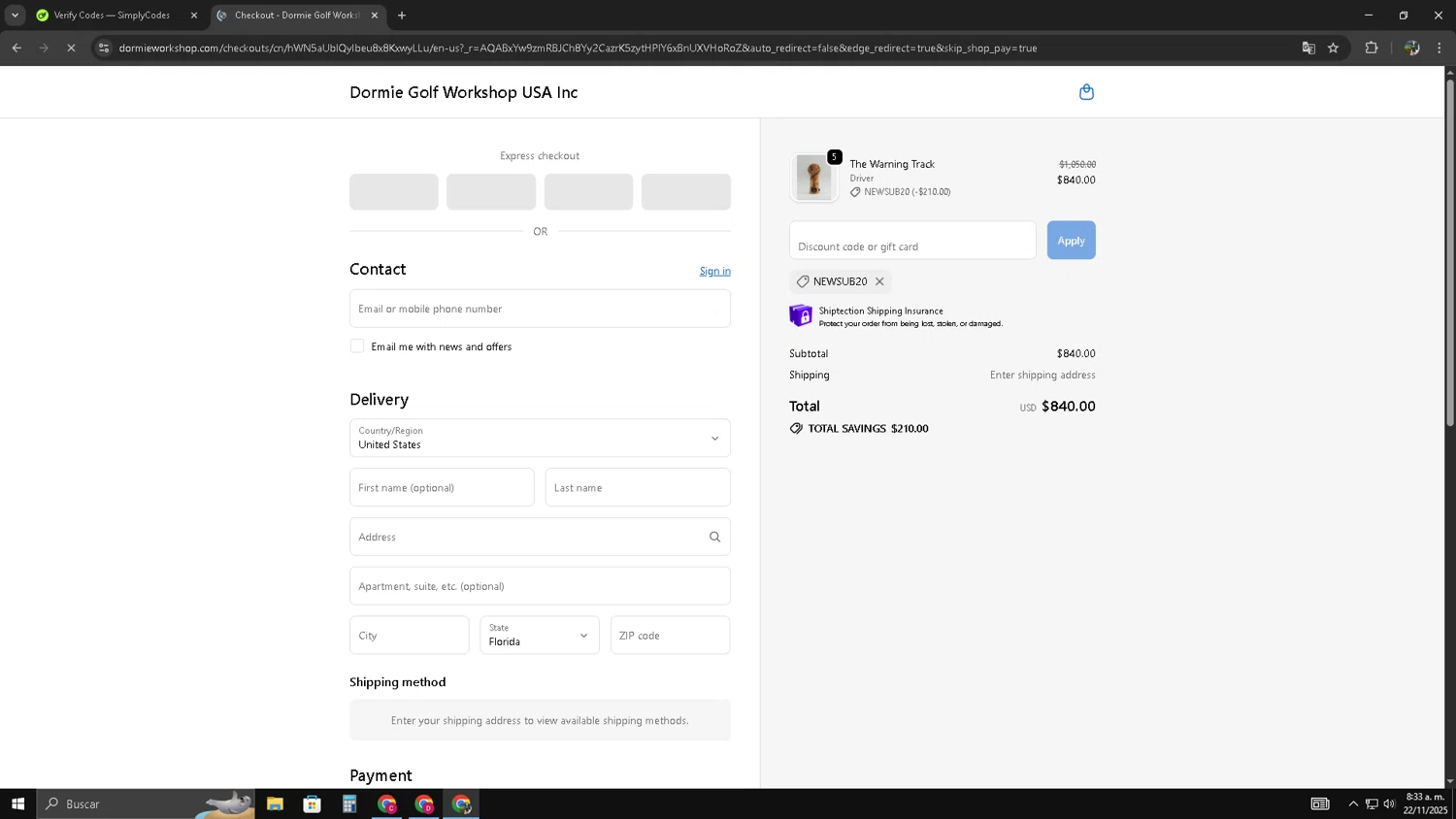 Dormie Golf Workshop promo code screenshot showing code NewSub20 applied at Dormie Golf Workshop checkout page. Uploaded by SimplyCodes community member LegendaryTitan3375 on Nov 22, 2025
