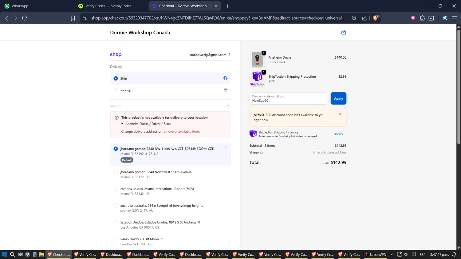 Dormie Golf Workshop promo code screenshot showing code NewSub20 applied at Dormie Golf Workshop checkout page. Uploaded by SimplyCodes community member SimplyGOAT on Oct 29, 2025