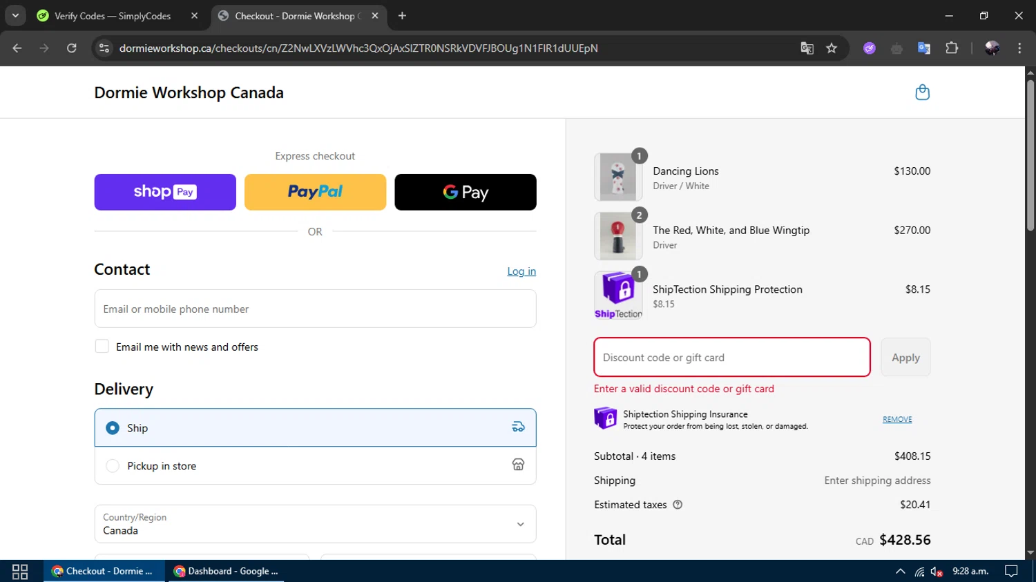 Dormie Golf Workshop promo code screenshot showing code AUTOMATICCOLLECTION applied at Dormie Golf Workshop checkout page. Uploaded by SimplyCodes community member gremirhernandez on May 21, 2025