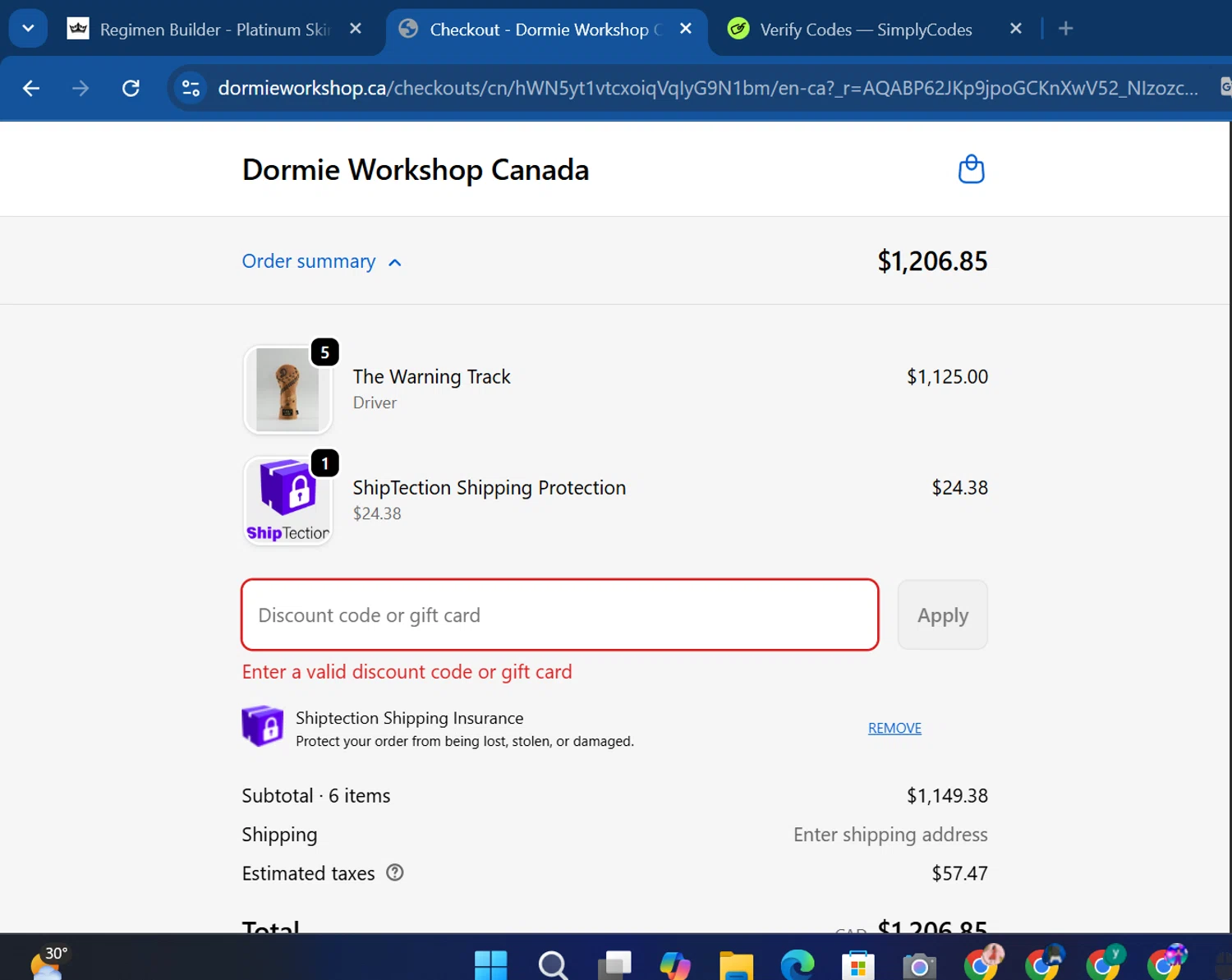 Dormie Golf Workshop promo code screenshot showing code WelcomeDormie20 applied at Dormie Golf Workshop checkout page. Uploaded by SimplyCodes community member Bope_________ on Dec 2, 2025