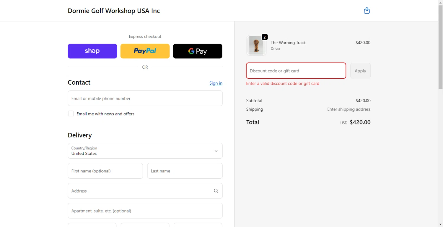 Dormie Golf Workshop promo code screenshot showing code WelcomeDormie20 applied at Dormie Golf Workshop checkout page. Uploaded by SimplyCodes community member PennyOwl696 on Dec 2, 2025