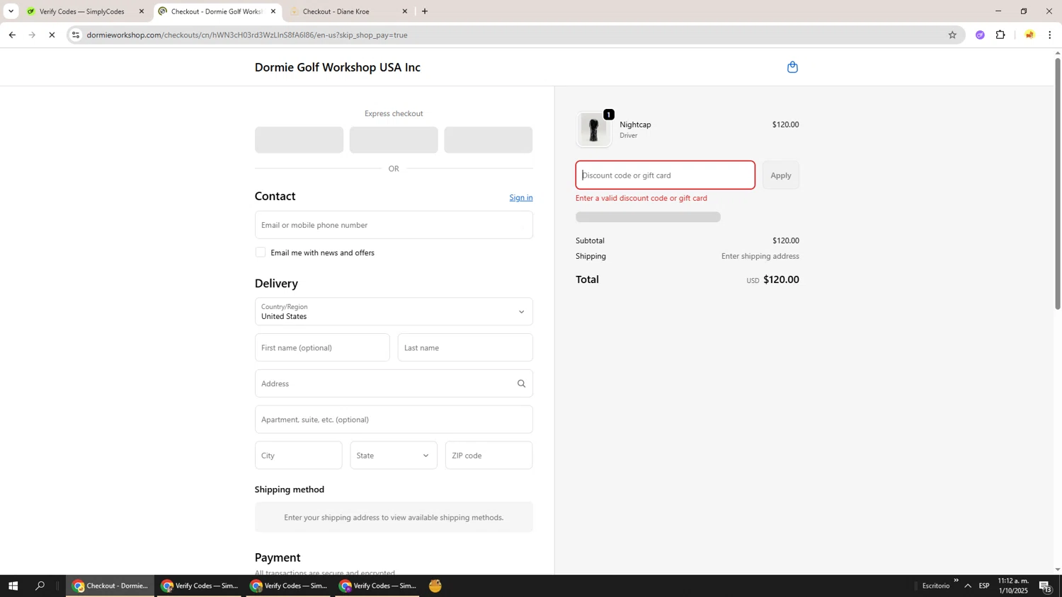 Dormie Golf Workshop promo code screenshot showing code FLYSTAYPLAY applied at Dormie Golf Workshop checkout page. Uploaded by SimplyCodes community member Richard251 on Oct 1, 2025