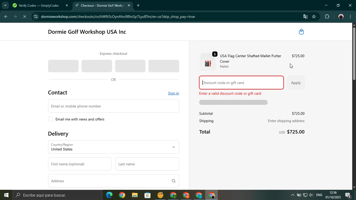 Dormie Golf Workshop promo code screenshot showing code FLYSTAYPLAY applied at Dormie Golf Workshop checkout page. Uploaded by SimplyCodes community member youngonzalo on Oct 1, 2025