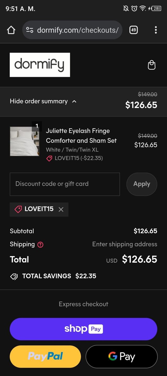 Dormify checkout page showing Dormify discount code box | Screenshot taken by SimplyCodes community member on May 15, 2024