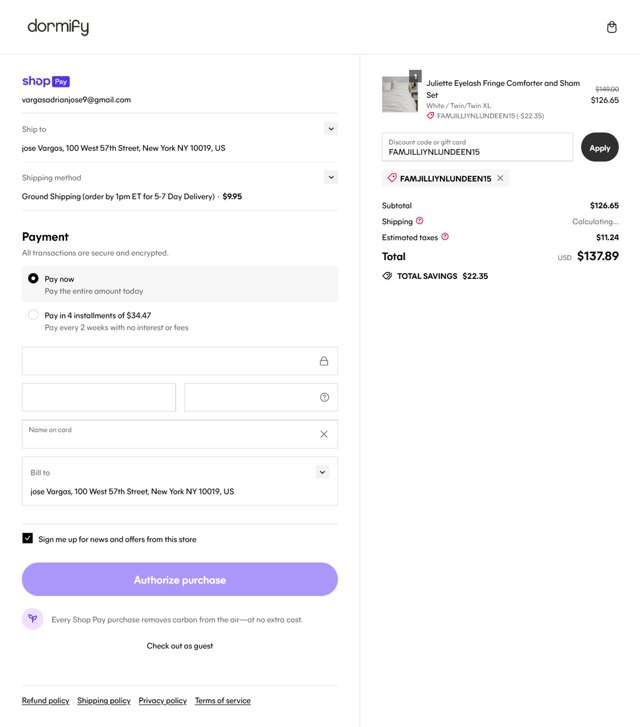Dormify checkout page showing Dormify discount code box | Screenshot taken by SimplyCodes community member on May 31, 2024