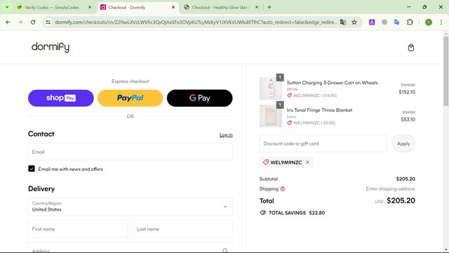 Dormify checkout page showing Dormify discount code box | Screenshot taken by SimplyCodes community member on May 31, 2024