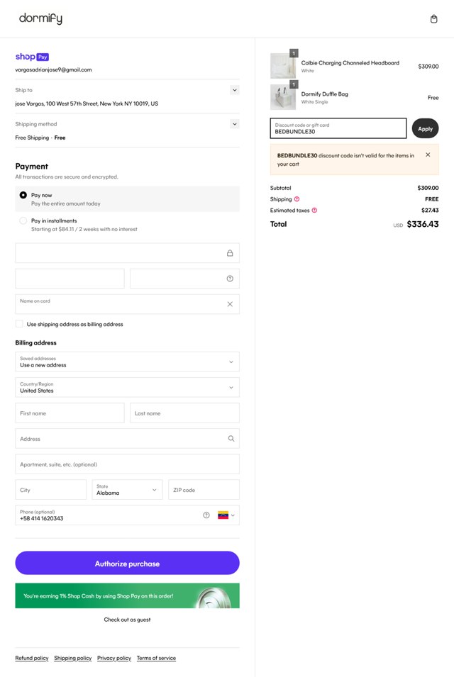 Dormify checkout page showing Dormify discount code box | Screenshot taken by SimplyCodes community member on Jun 13, 2024