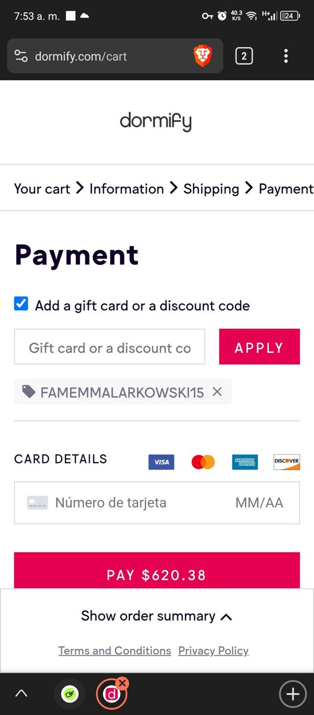 Dormify checkout page showing Dormify discount code box | Screenshot taken by SimplyCodes community member on Jun 15, 2024