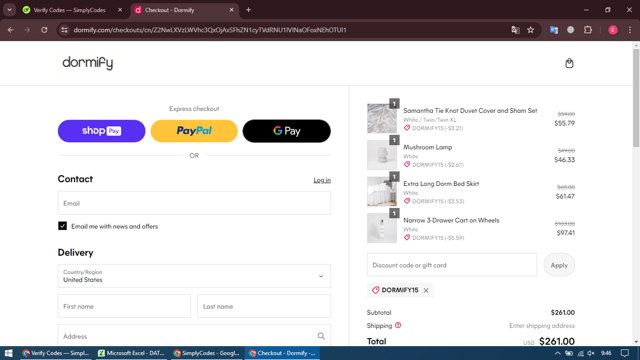 Dormify checkout page showing Dormify discount code box | Screenshot taken by SimplyCodes community member on May 15, 2024