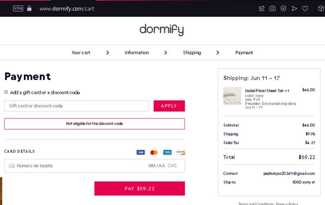 Dormify checkout page showing Dormify discount code box | Screenshot taken by SimplyCodes community member on May 26, 2024