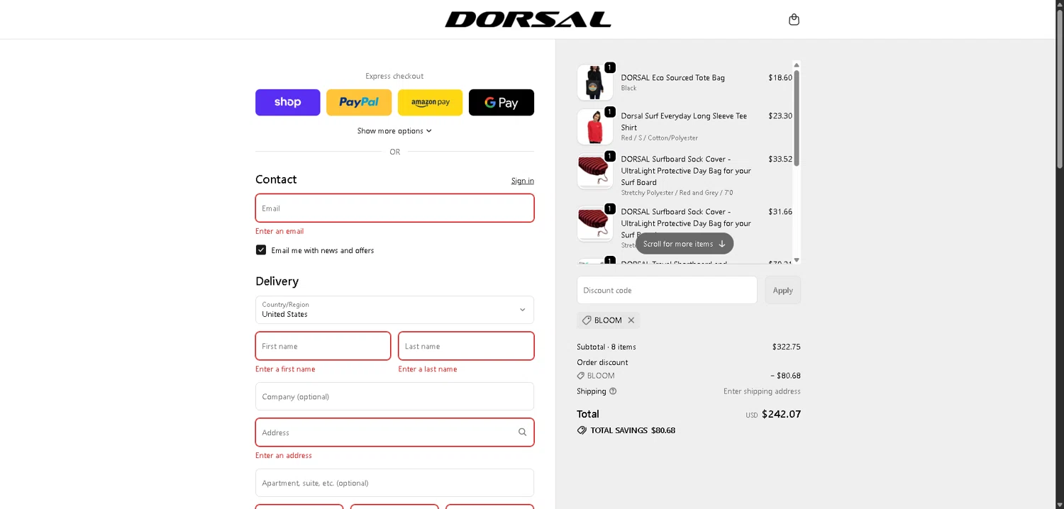 DORSAL promo code screenshot showing code BLOOM applied at DORSAL checkout page. Uploaded by SimplyCodes community member VictoriousFinder4393 on Jan 30, 2026