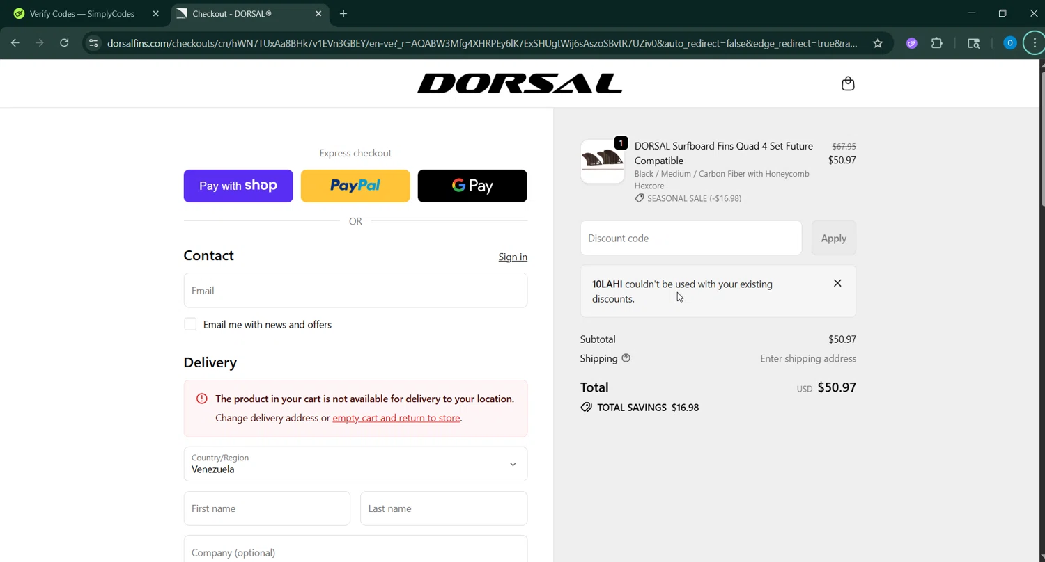 DORSAL promo code screenshot showing code 10LAHI applied at DORSAL checkout page. Uploaded by SimplyCodes community member RoyalSage9159 on Jan 11, 2026
