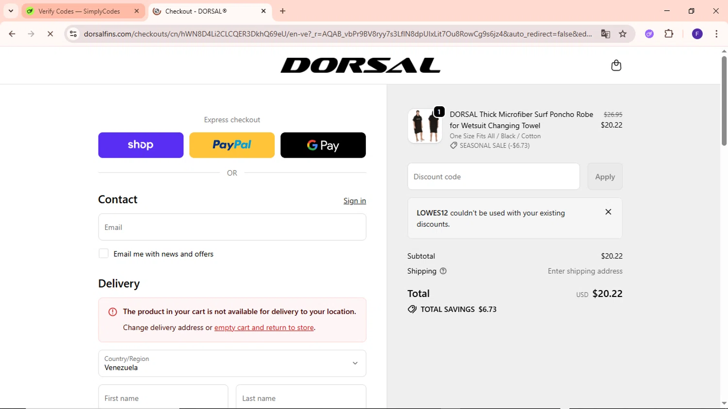 DORSAL promo code screenshot showing code lowes12 applied at DORSAL checkout page. Uploaded by SimplyCodes community member MightyCaptain635 on Jan 30, 2026