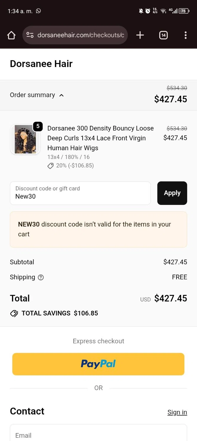 Dorsanee promo code screenshot showing code New30 applied at Dorsanee checkout page. Uploaded by SimplyCodes community member Elvis_Medina on Sep 21, 2025