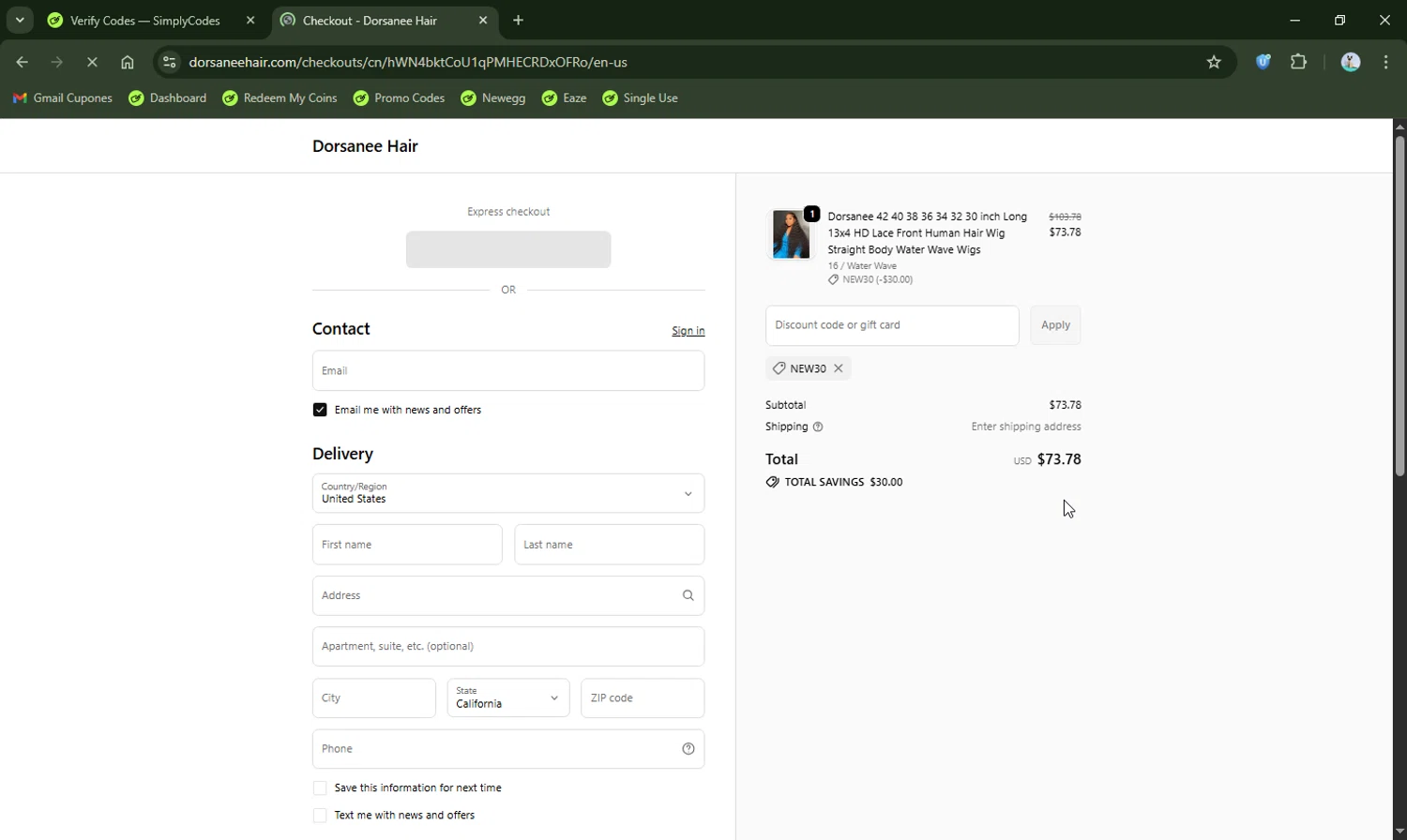 Dorsanee promo code screenshot showing code New30 applied at Dorsanee checkout page. Uploaded by SimplyCodes community member LHaunter2 on Oct 27, 2025