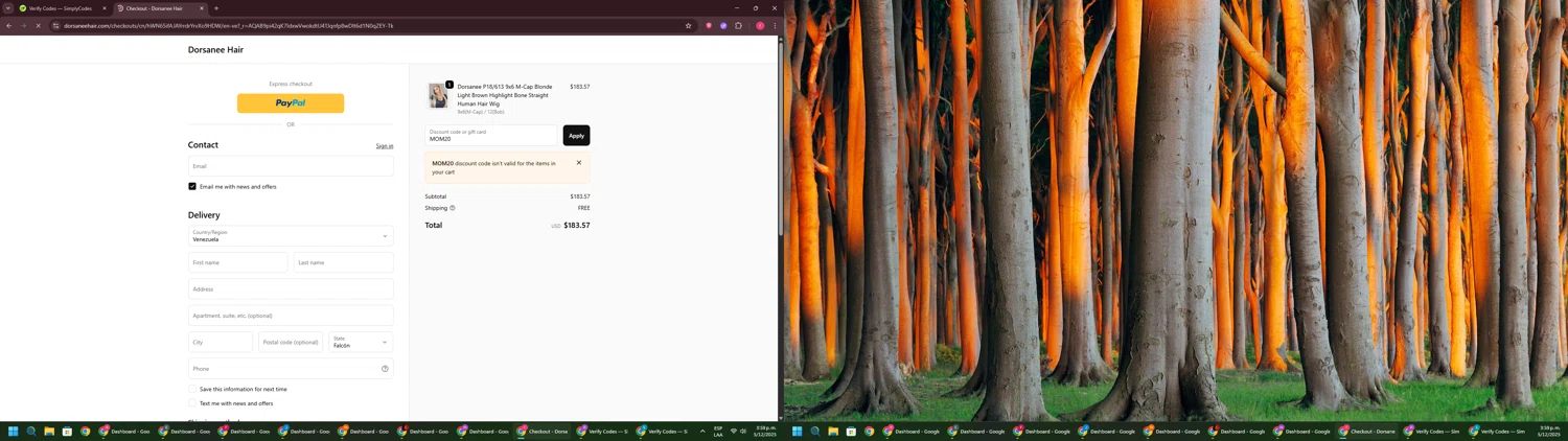 Dorsanee promo code screenshot showing code MOM20 applied at Dorsanee checkout page. Uploaded by SimplyCodes community member CouponSage7331 on Dec 5, 2025