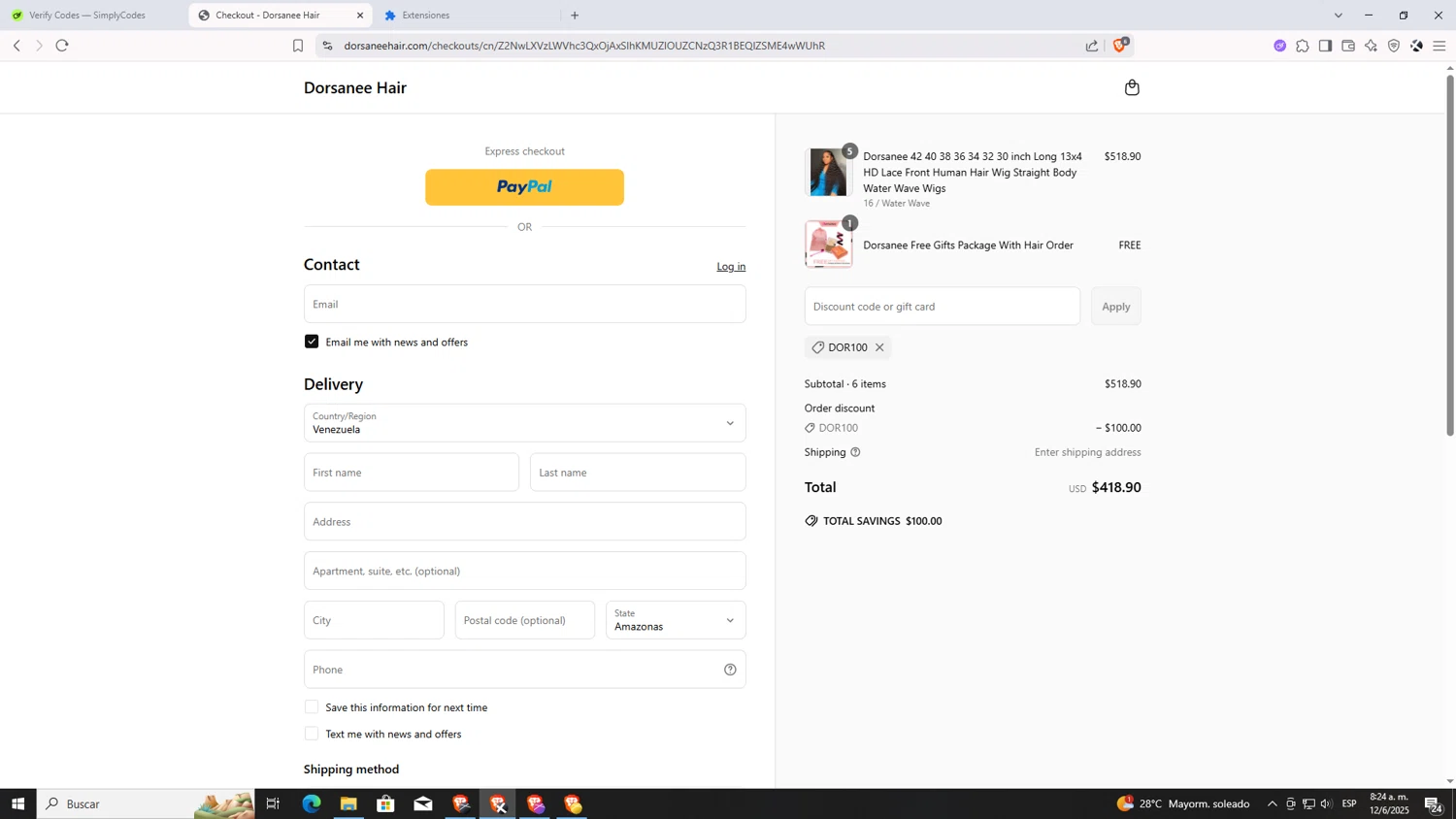 Dorsanee promo code screenshot showing code DOR100 applied at Dorsanee checkout page. Uploaded by SimplyCodes community member VictoriousDefender7352 on Jun 12, 2025