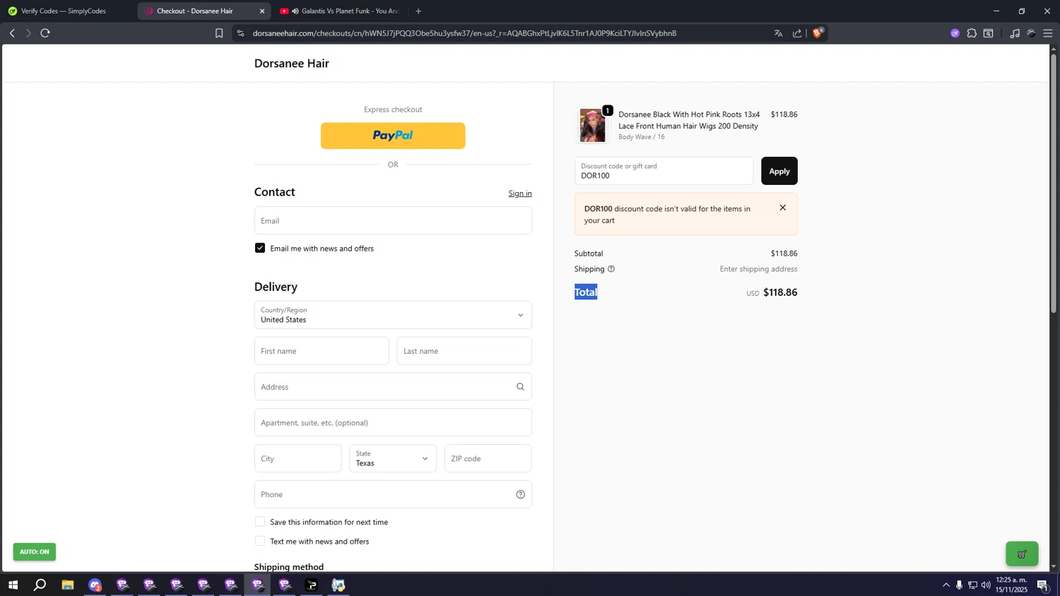 Dorsanee promo code screenshot showing code DOR100 applied at Dorsanee checkout page. Uploaded by SimplyCodes community member eeeeeeeeeeeeeeeeeeeeee on Nov 15, 2025