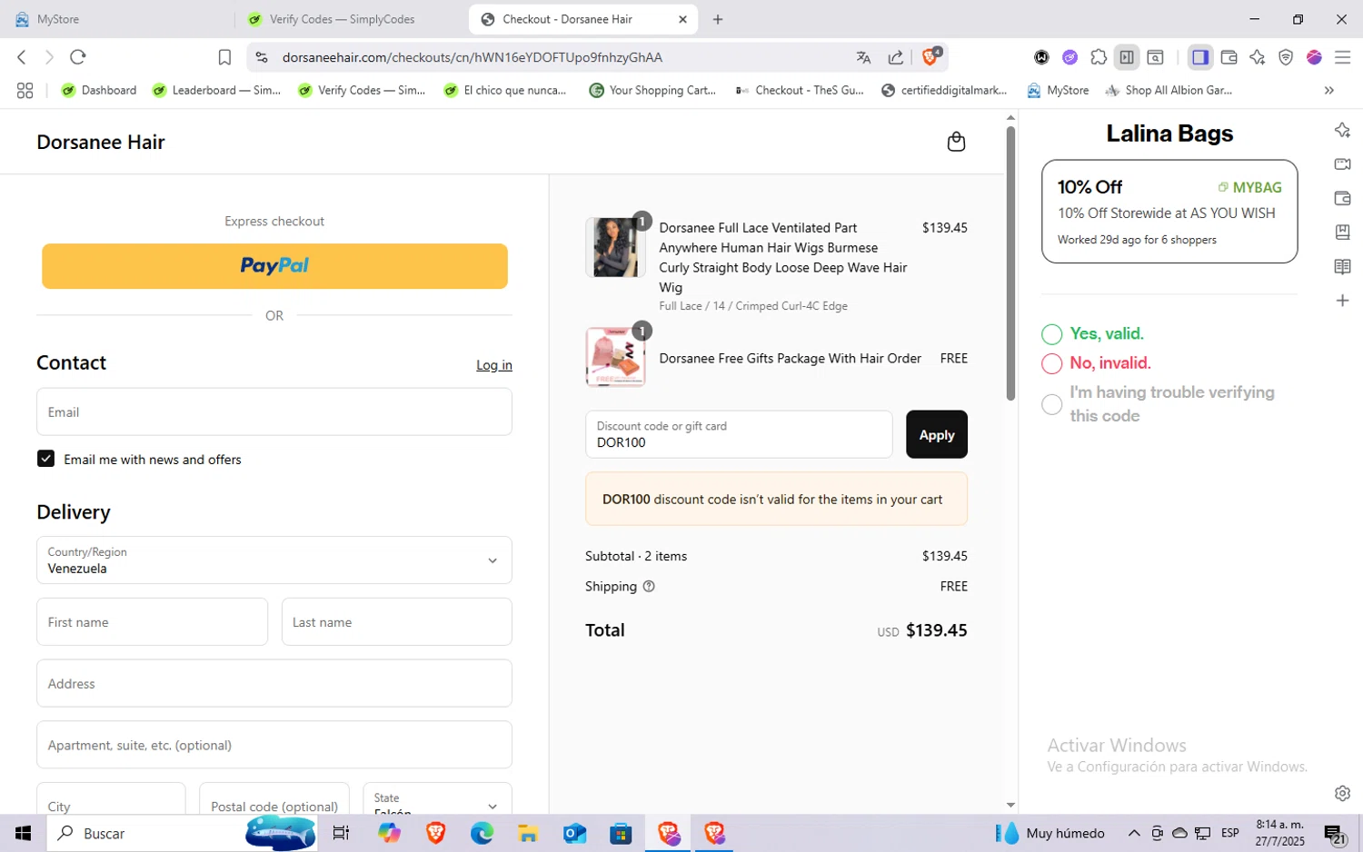 Dorsanee promo code screenshot showing code DOR100 applied at Dorsanee checkout page. Uploaded by SimplyCodes community member Rayyyyyy on Jul 27, 2025