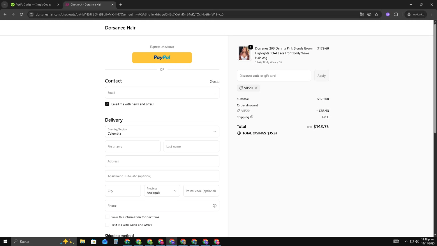 Dorsanee promo code screenshot showing code VIP20 applied at Dorsanee checkout page. Uploaded by SimplyCodes community member CRF250CC on Nov 15, 2025