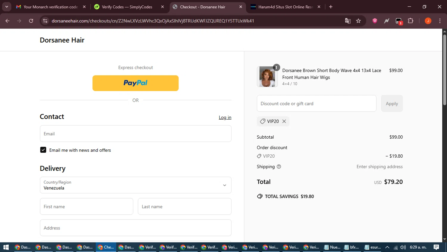 Dorsanee promo code screenshot showing code VIP20 applied at Dorsanee checkout page. Uploaded by SimplyCodes community member NobleAce2304 on Jun 12, 2025