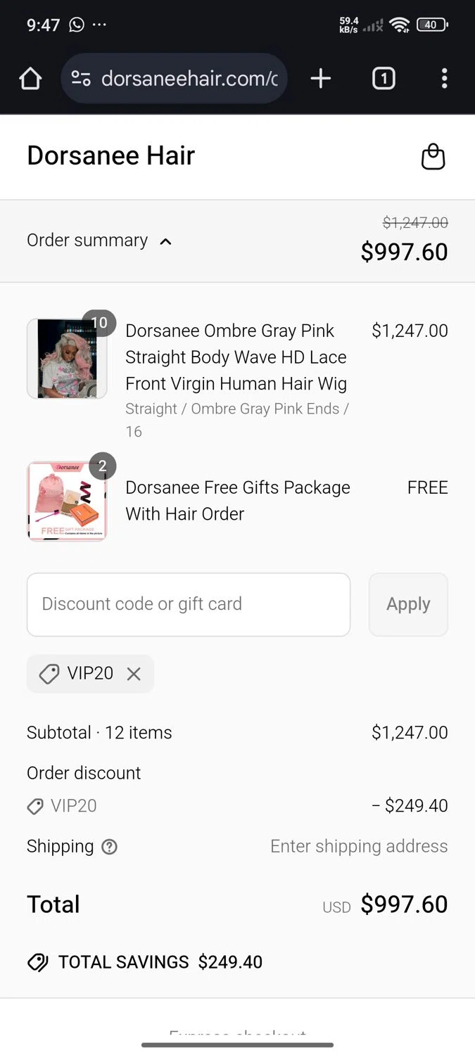 Dorsanee promo code screenshot showing code VIP20 applied at Dorsanee checkout page. Uploaded by SimplyCodes community member Anubis on May 7, 2025