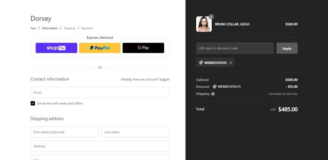 Dorsey checkout page showing Dorsey discount code box | Screenshot taken by SimplyCodes community member on Nov 13, 2021
