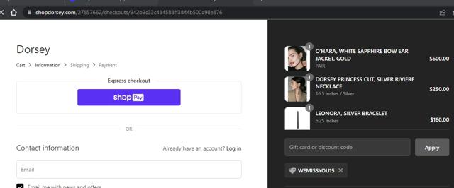 Dorsey checkout page showing Dorsey discount code box | Screenshot taken by SimplyCodes community member on Feb 12, 2022