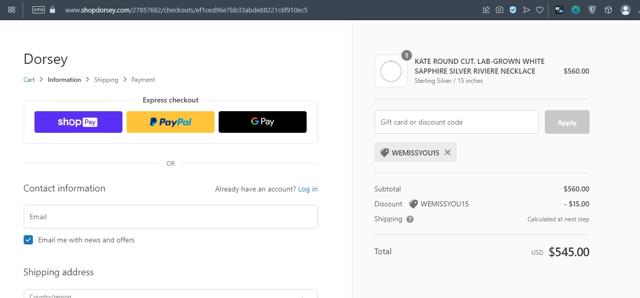 Dorsey checkout page showing Dorsey discount code box | Screenshot taken by SimplyCodes community member on Aug 31, 2022